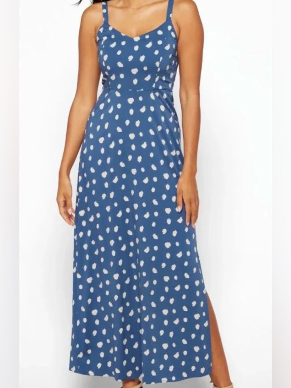 41 Hawthorn Blue and White Polka Dot Maxi Dress w/ pockets